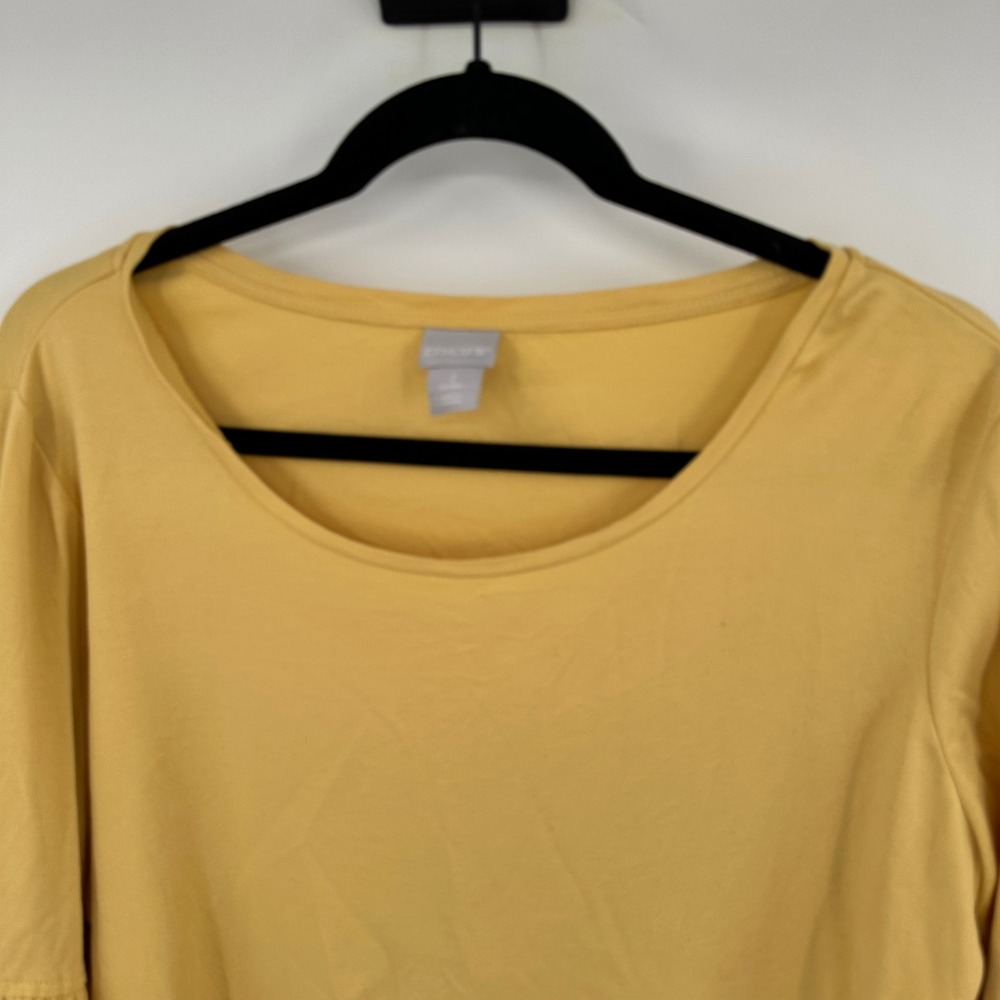 Chicos Yellow Cotton Ruffle Bell Sleeve Scoop Neck Top Size 2 Large Solid Knit - Picture 2 of 9